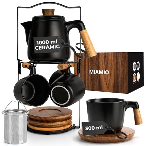 MIAMIO - Teapot Set with 4 Cups & Rack (34/10 oz) with Infuser (Black) - color: Black