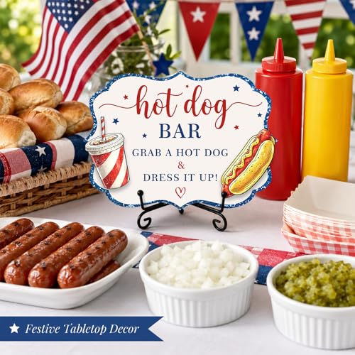 Patriotic Wooden Hot Dog Sign with Metal Stand, 5 x 7 Inch Independence Day Tabletop Food Display for BBQ Party, Buffet Table, Food Truck, Hot Dog Shop, Celebration Decor - A02 - color: DLR A02