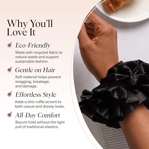 Kitsch Ruffle Satin Scrunchies For Women - Gentle Hair Tie - Black, 1pc - color: Black Ruffle