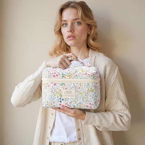 HBselect Quilted Makeup Bag, 3Pcs Cotton Large Travel Makeup Bags Organizer - color: A-3PCS-Floral 41