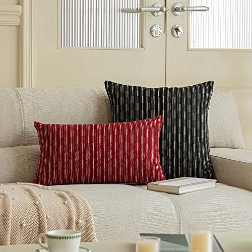 Kevin Textile Pack of 2 Farmhouse Decorative Throw Pillow Covers Boho Woven Texture Burlap Linen Cushion Cover Striped Pillowcase, Black 18 x 18 inches 45 x 45 cm - color: A-black, size: 18" x 18" (Pack of 2)