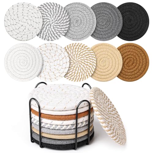 Billbotk 10 Pieces Coasters for Drinks, 10 Colors Absorbent Drink Coasters with Holder, Table Coaster Set for Home Decor, Apartment Decor Aesthetic, Living Room Essentials, 4.3 Inches - color: Gray & Brown