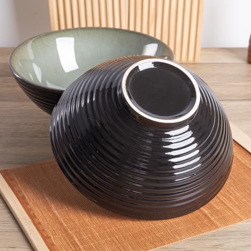 40oz Japanese Ceramic Ramen Bowl Set of 2 with Chopsticks and Spoons for Pho Udon Asian Soup Noodles (Grayish Green) - color: Grayish Green