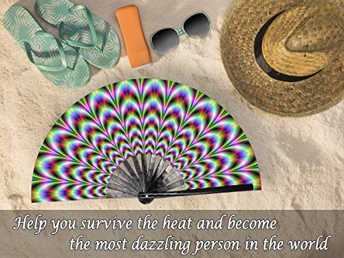 OMyTea Large Rave Clack Folding Hand Fan for Men/Women - Chinese Japanese Bamboo Handheld Fan - for EDM, Music Festival, Club, Event, Party, Dance, Performance, Decoration, Gift (Trippy Waves) - color: Trippy Waves