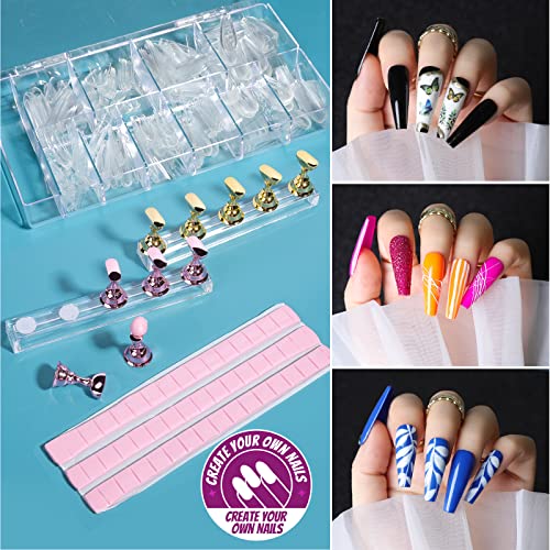 Teenitor Acrylic Fake Nails Kit, Press On Nail Supplies with Clear Coffin Nail Tips Nail Stand Nail Art Brushes Dotting Pen Glitter Sequins Sticker Rhinestones Nail Decorations Press On Nails Kit - color: Pink