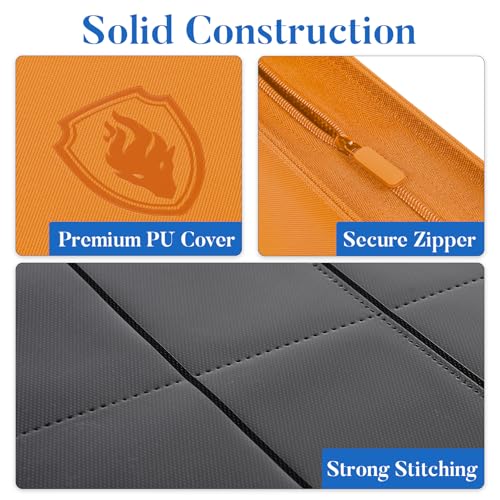 Premium Zip Card Binder, Fabmaker 9 Pocket Trading Card Binder PU Cover - color: Orange, size: 9 Pocket - 13.9" x 10.5"