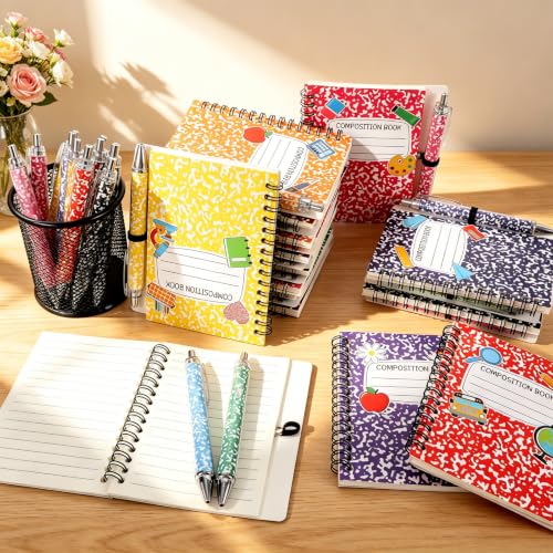 Wiooffen 72 Pcs Composition Notebook Gift Bulk A6 Welcome Back Marble Journal Spiral Notepads with Ballpoint Pens Inspirational Stationery for Office Supplies Teachers Daily Planner and Organizer