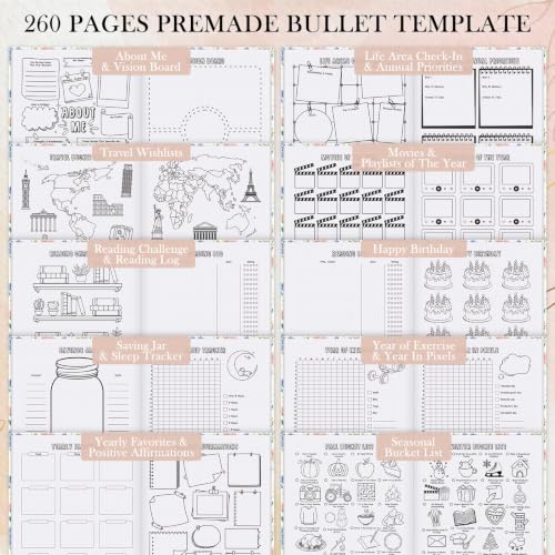 Everloria Premade Dotted Journal Notebook, 12 Months Pre-made Templates, 260 Hand-Drawn Coloring Pages, Undated Weekly & Monthly Planner, 7.8"x9.3" Leather Dot Grid Mood Habit Tracker - color: Floral B
