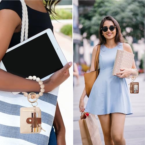 COOLANS Silicone Bracelet Wristlet Wallet Credit Card Holder RFID ID Window Key Ring Tassel Slim Wallet Women Keychain Purse - color: Brown White