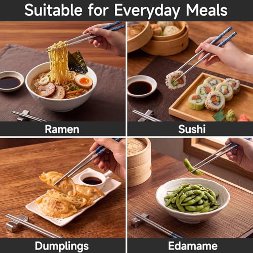 JEETEE Metal Chopsticks, 2 Pairs Stainless Steel with Holder - color: Blue