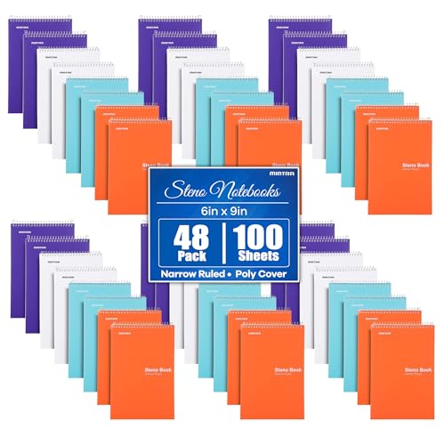 Mintra Office Steno Books Set - Top-Spiral Bound, Narrow Ruled, White Sheets, Poly Pastel Color Covered Notebooks for Office, Professional, School & Work, Note-taking, Writing Pads, 6"x9", 48 Pack - color: Poly Pastel Cover 8pk, size: 48pk Case (6-8pks)