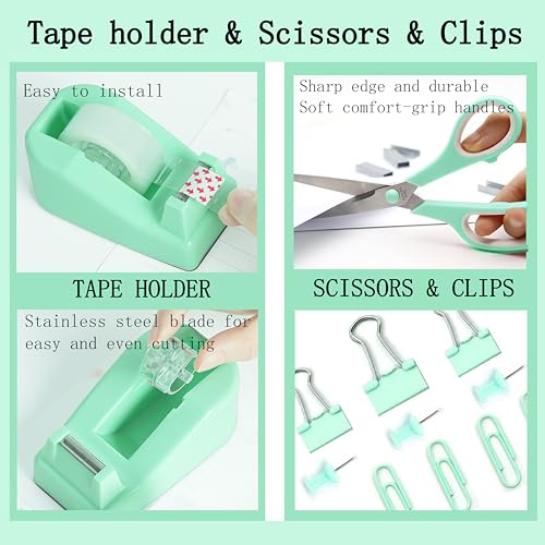 Dimonluce Green Office Supplies, Teal Desk Accessories Accessories with Tape Dispenser, Stapler, Staple Remover, 1000 Staples, Tape, Clips Set, Ruler, Scissor, Pen - color: Green