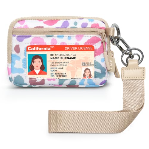 Small Wristlet Wallets for Women with Clear ID Window, Keychain Coin Purse - color: Multicolor Leopard