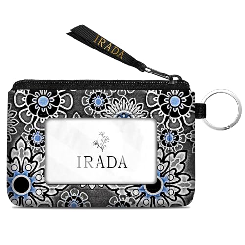IRADA ID Case Wallet Keychain with Clear ID Window Zipper Cute Coin Purse for Women Water Resistant Small Coin Pouch-Vintage Boho Grey Keychain Wallet - color: Vintage Boho-Grey-Keychain Wallet