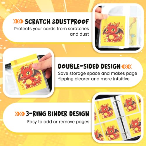400 Cards Capacity Trading Card Binder, Card Holder with 50 Removable Sleeves, Double Sided 8-Pocket Pages Zipper Album with Wrist Strap for TCG, Sports & Game Cards, Gift for Boys and Girls - color: Red Yellow
