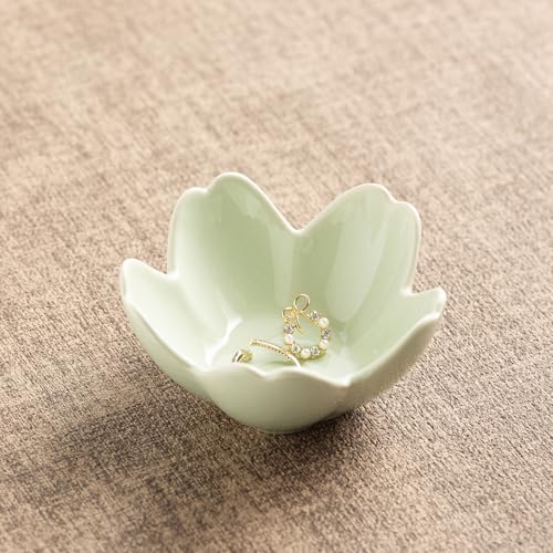 Floral Ceramic Jewelry Tray, 3.5" Ring Holder Trinket Bowl - color: green
