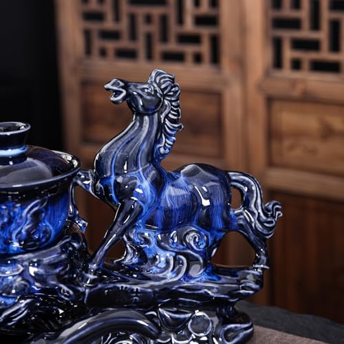 Ceramic Teapot with Infuser Horse Tea Set – 8-Cup Handcrafted Blue Chinese Tea Set, Dragon & Gongfu Tea Set, Japanese Style Teapots for Tea Party, Elegant Tea Set for Adults - color: Gradient Horse - B