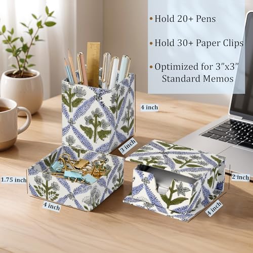 Ridhi Light Steel Blue Block Print Office Desk Organizer Pen & Note Holder - color: Light Steel Blue