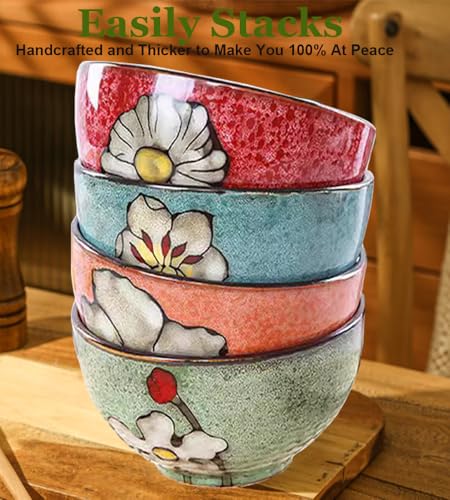Ceramic Cereal Bowl Set of 4 for Kitchen - 28oz Ramen Bowls for Soup, Oatmeal, Salad, Pasta - Floral Patterns Retro Bowls for Breakfast, Dinner - Dishwasher, Oven and Microwave Safe