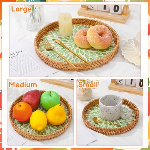 3 Pack Round Rattan Tray with Mother of Pearl Inlay