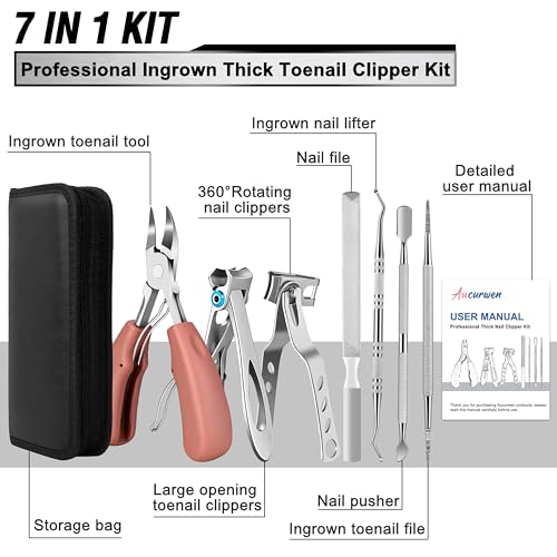 Toenail Clippers for Seniors Thick Toenails, Aucurwen Heavy Duty Toe Nail Clippers Adult Thick Nails Long Handle, Large Toenail Clippers for Thick Nails 7Pcs(Pink) - color: Pink
