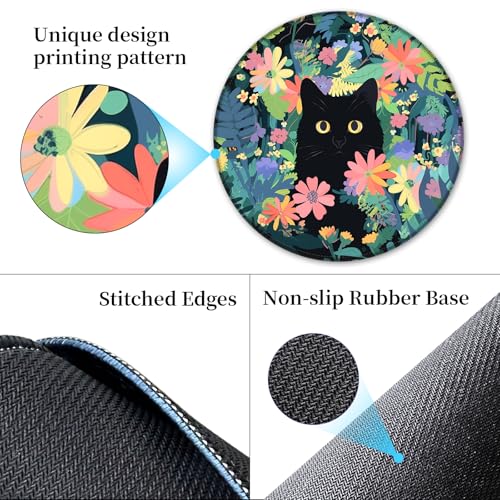 Hancynir Black Cat Round Mouse Pad, Small Mousepad for Laptop Desk Office - color: Floral Cat
