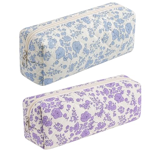 Cute Floral Cotton Makeup Brush Cosmetic Bag for Women, Travel Quilted Zipper Make Up Bag, Flowers Toiletry Organizer Case Kawaii Makeup Cosmetic Travel Cloth Pouch (Blue+Big Purple Floral) - color: Two Pack: (Blue+Big Purple Floral)