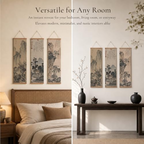 xinyuru Chinese Ancient Landscape Scroll Wall Art Poster, 3-Piece Set - color: landscape-Oak, size: 12"x41"x3 Piece