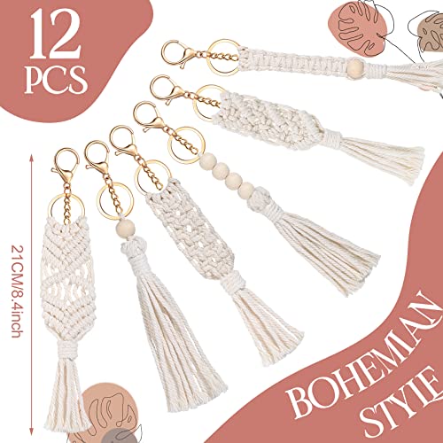 Junkin Macrame Boho Keychains Bulk Handcrafted Aesthetic Key Chain with Tassel for Women Car Key Purse Wallet Beige