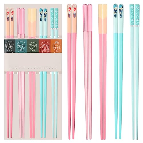5 Pairs Reusable Chopsticks Dishwasher Safe, Fiberglass Premium Japanese Chines Korean Chopsticks for Sushi Noodles Ramen, Non-slip Chop Sticks, Lightweight, 9.6 inches- Green&Pink-B