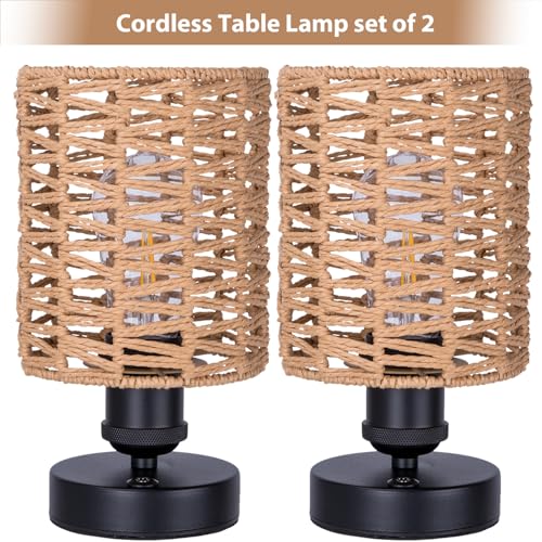 Cordless Outdoor Table Lamps, Small Rattan Boho, Rechargeable Battery Operated for Outdoor Patio, Home, Living Room, Bedroom, Bedside - Set of 2 (Beige-B) - color: Beige-B