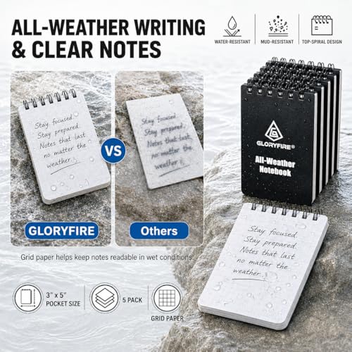 GLORYFIRE 10 Pack Waterproof Notebook, 3"x5" Top-Spiral Pocket Notepad - size: 10 Pack