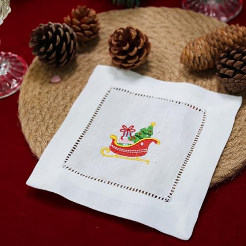 100% Linen Cocktail Napkins with Eembroidery Christmas Sleigh 6 Pack Cloth Coaster for Xmas Parties Kitchen Coffee Bar Gift Ladder Hemstitch Snowy Sleighride Square Fabric Napkins (6"x6") - color: Sleigh