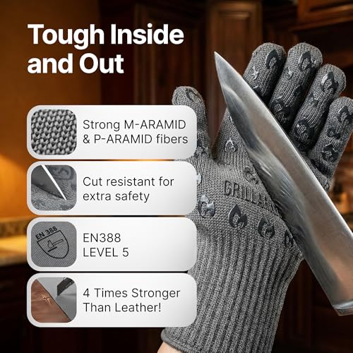 Oven Gloves with Fingers - 932°F Extreme Heat Proof and Cut Resistant Mitts for Kitchen, BBQ, Grill, Baking, Fire Pit - EN407 Certified with Non-Slip Silicone Grip and Cotton Lined for Comfort - color: Gray, size: X-Large Standard Cuff