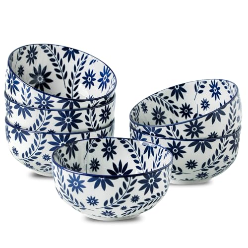 Cereal Bowls Set of 6, 28 Ounces Floral Soup Bowls - color: Blue Floral Mandala