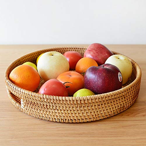 Round Rattan Serving Tray Decorative Woven Ottoman Trays with Handles for Coffee Table Natural (Small 11.8 inch x 2 inch) - color: Natural, size: 11.8"