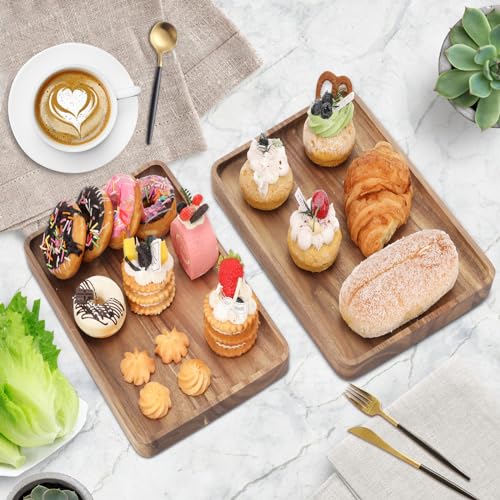 2 PCS Solid Acacia Wood Serving Trays 13 * 9 inch Rectangular Wooden Serving Platters Natural Wooden Boards for Bar Coffee Party（Wood Log Color） - color: Wood Log Color, size: 13" x 9"