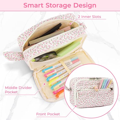 WOBAGMEN 62PCS Aesthetic School Supplies with Quilted Pencil Case, Pastel Highlighters, Gel Pens Mechanical Pencils Set, Cute Back to School Supplies, College Essentials(Pink Floral, M) - color: Pink Floral