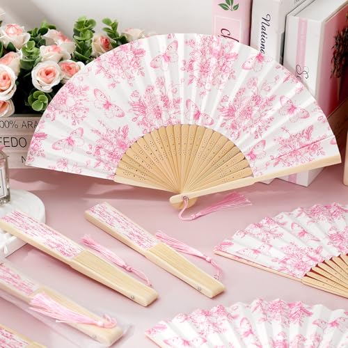 JarThenaAMCS 25 Sets Pink Floral Hand Folding Fans with Bags Wedding Party Favors Chinoiserie Flower Butterfly Foldable Paper Fans with Tassel for Bridesmaid Bridal Shower Decor