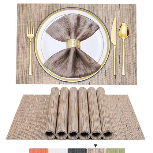 BETEAM Placemats Set of 6, Woven Vinyl Placemat for Dining Table Washable Wipeable Kitchen Place Mats Durable Indoor Outdoor Table Mats - color: Brown, size: 6 Pcs