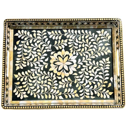 Boho Serving Tray with Handles, 15.7”x11.8” Rectangular Decorative Plastic Tray (Vintage Black & Gold) for Coffee Table, Ottoman, Living Room – Multipurpose Deco - color: Black&white
