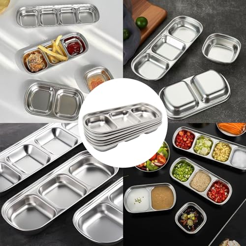 6Pcs 8 Inch Divided Dip Bowls (Silver, Triple Dipping Bowl) - color: Silver
