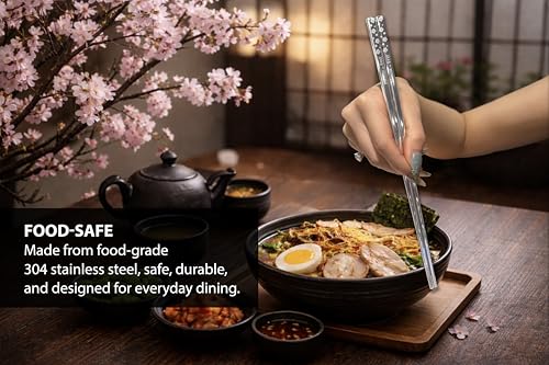 Stainless Steel Chopsticks – 5 Pairs 304 Food-Grade Metal, Reusable Dishwasher Safe, Non-Slip Laser Engraved, Japanese Korean Style Gift Set
