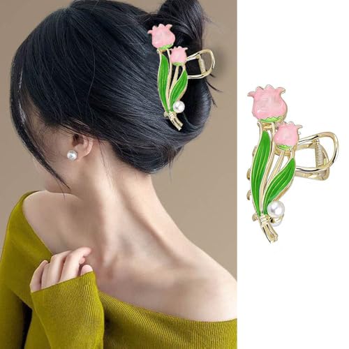 1 Pack Flower Claw Clips for Women Girls, Large Nonslip Pink Tulip Design Hair Clips,Strong Hold Neutral Metal Hair Claw Clips for Thick Thin Long Hair, Spring Summer Flower Hair Styling Accessories - color: Pink Tulip