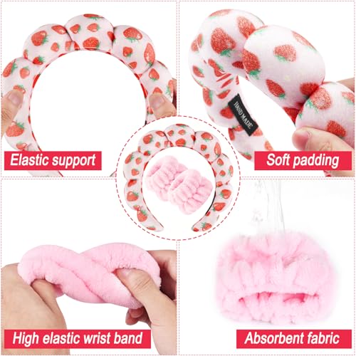 Zkptops Spa Headband for Washing Face Wristband Set Sponge Makeup Skincare Velvet Fabric Bubble Soft Get Ready Hairbands for Women Puffy Pink Headwear Non Slip Thick Thin Hair Accessory (Strawberries) - color: ZYC Strawberries