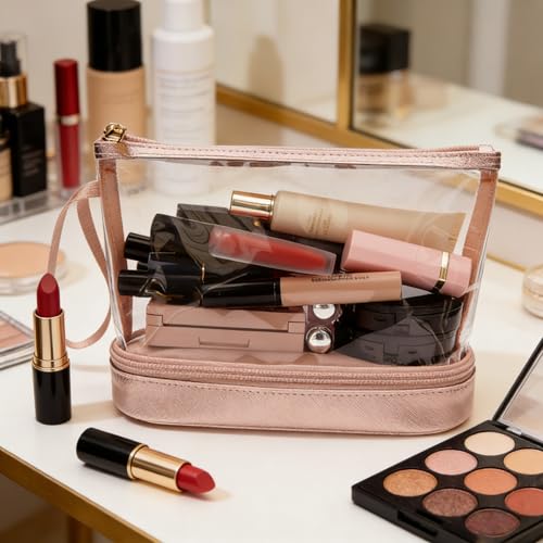 Clear Makeup Bag with Brushes Compartment Travel TSA Approved Toiletry Bag - color: 03-rose gold clear