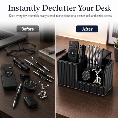 KINGFOM Desk Pen Organizer Office Supplies Caddy Pu Leather Multi-function Storage Box Pen/Pencil,Cell phone, Business Name Cards Remote Control Holder (Black) - color: Black