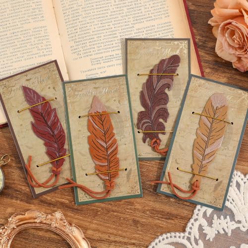 icceemee 4pcs Leather Feather Bookmarks Personalized, Vintage Book Mark for Women, Book Lovers, Writers, Book Accessories Decor Unique Gifts - style: Leather Feather