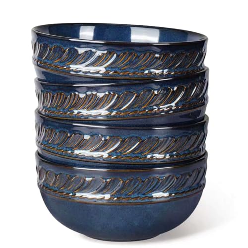 Artena Soup Bowls 32 OZ, Cereal Bowls Set of 4, Embossment Ceramic Ramen Bowl for Salad, Dinner, Pho, Noodle, Pasta, Snacks, Dishwasher Microwave Safe, 6.3 Inch, Willow Leaf, Blue - color: Blue (Willow Leaf), size: 32 OZ