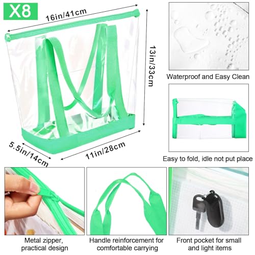 Reginary 8 Pcs Clear Tote Bags Shoulder Handbag Security Approved See Through Bag with Zipper Closure for Sport Event Travel - color: Green